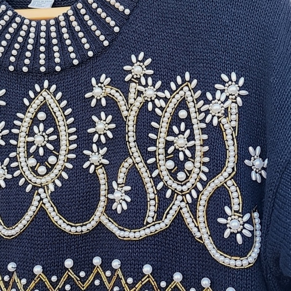 VINTAGE 1980s Margules Beaded Pearl Sweater S Oversized Holiday Christmas Glam - Picture 13 of 17